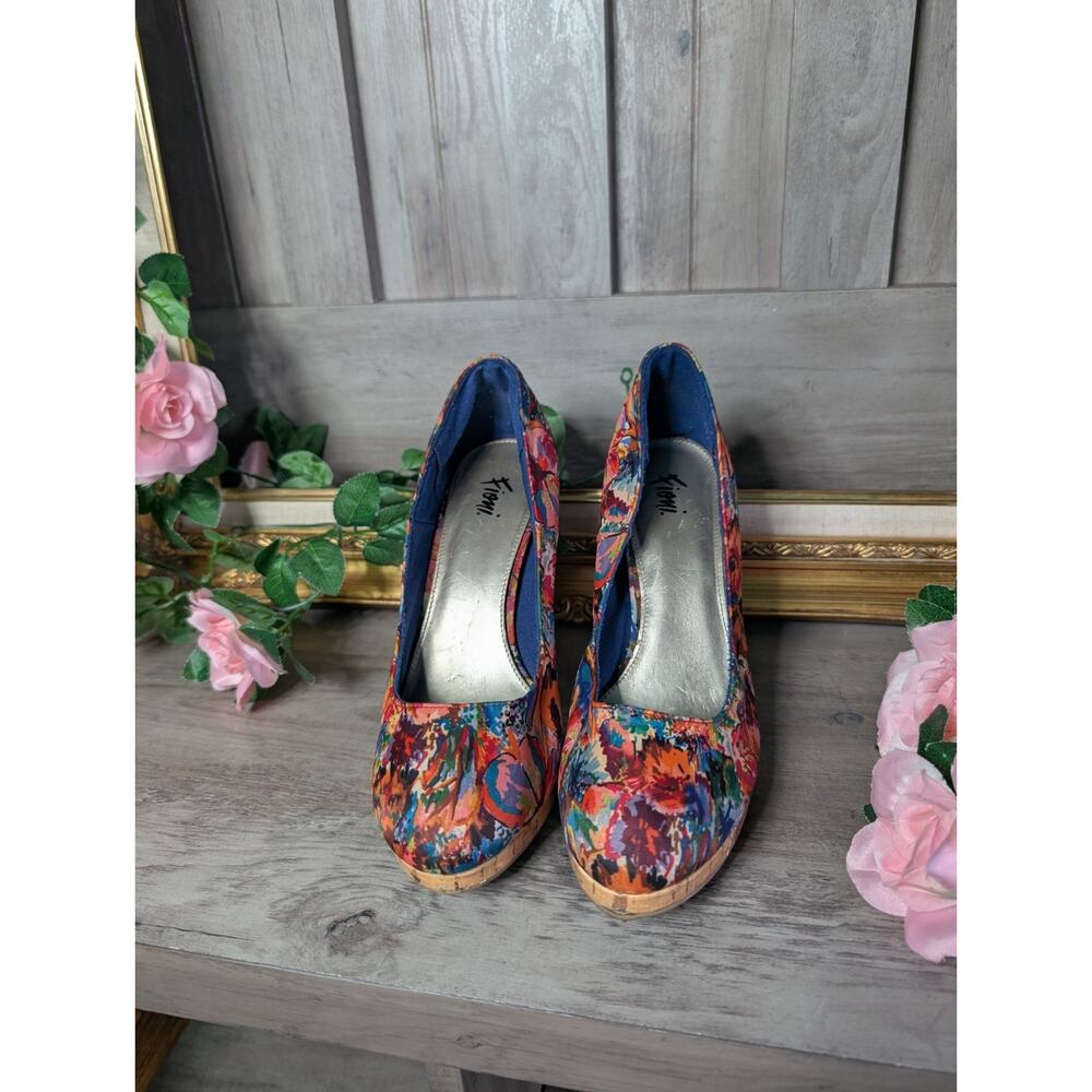 Fioni Multicolor Floral Cork Stiletto Pump Round Toe Slip On Women's US 9 - Picture 4 of 5